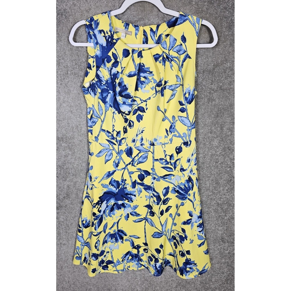 Signature Darby Fit & Flare Dress Womens Sz 8 Yellow Blue Floral Pockets Stretch